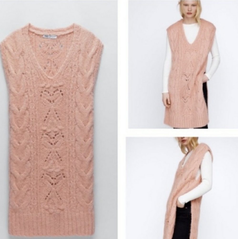 ZARA LONG CABLE KNIT VEST PINK